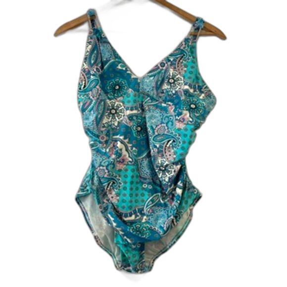 Spanx Love Your Assets Blue Paisley Swimsuit XL One Piece Slimming Power Suit - Picture 2 of 7